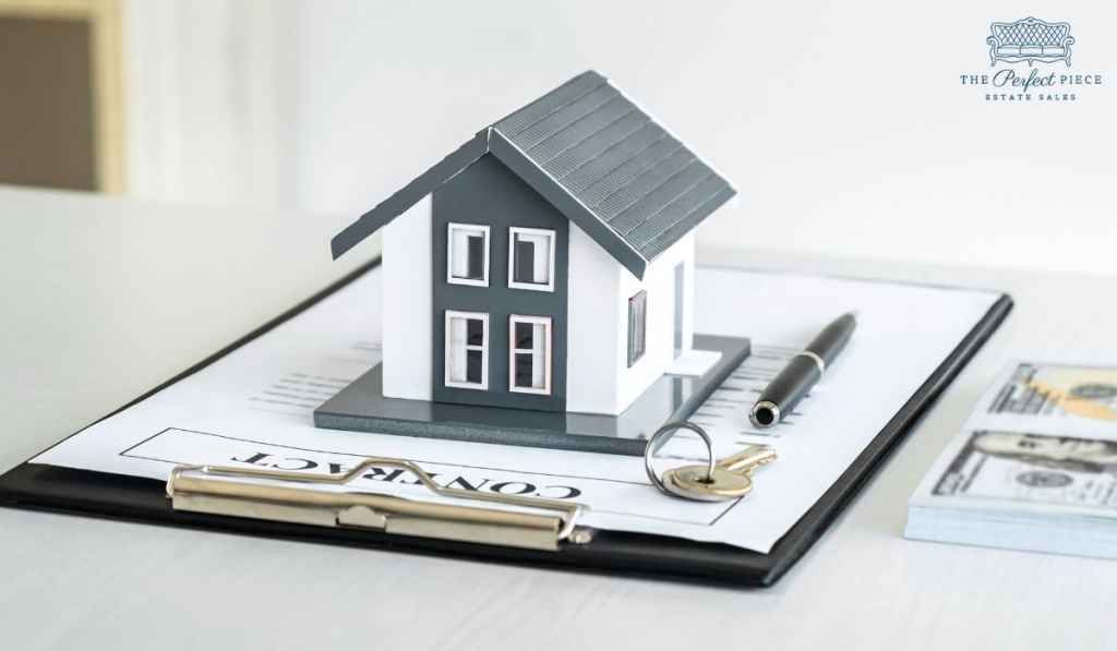 A model house is sitting on top of a clipboard next to a pen and keys.