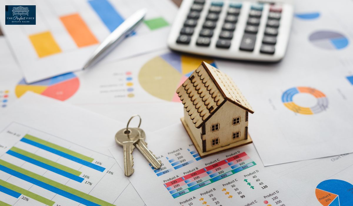 A model house and keys are on a table with graphs and a calculator.