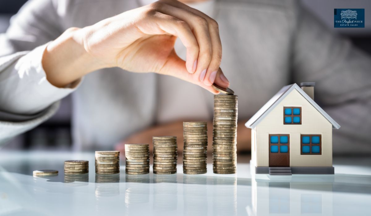 A person is putting coins into a stack of coins next to a model house.