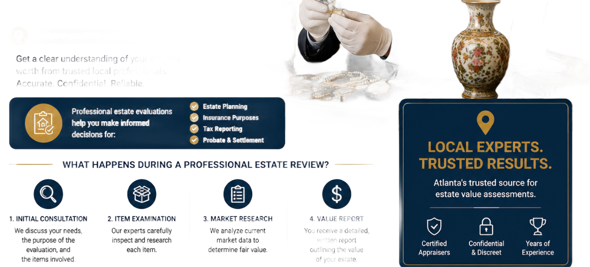 Professional appraiser evaluating estate items, including jewelry and collectibles in Atlanta