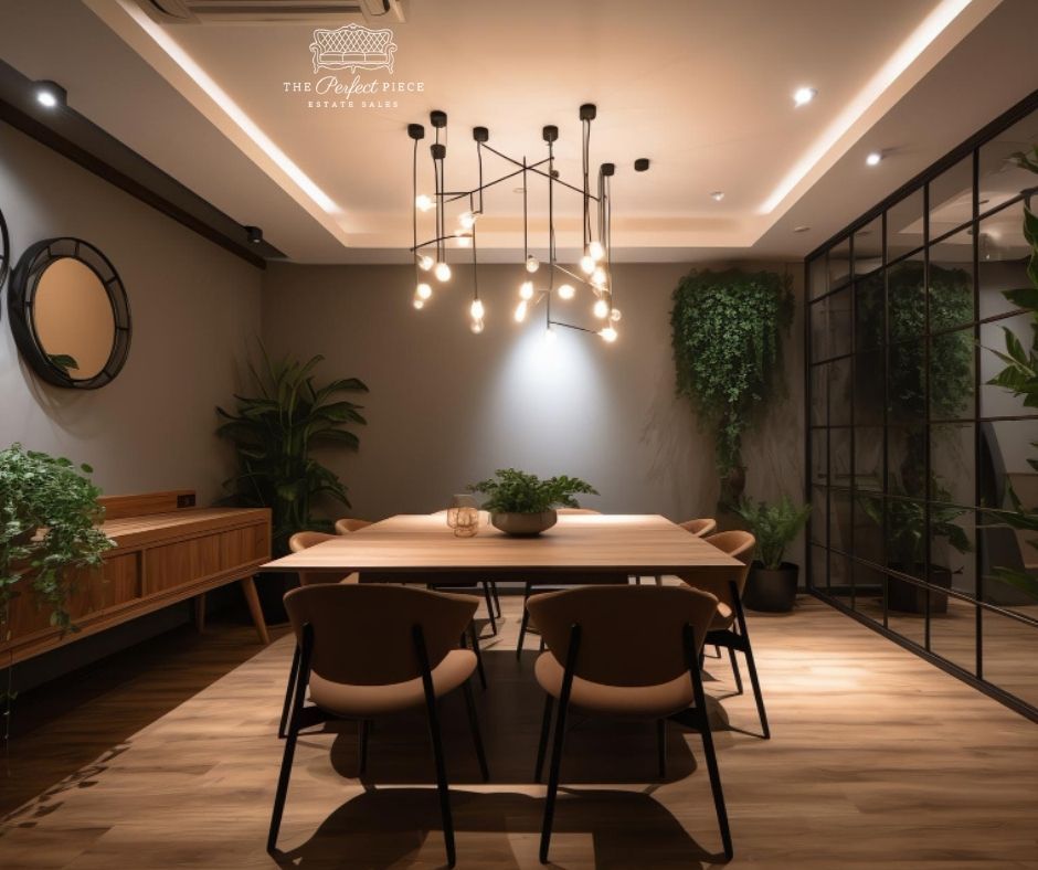 A dining room with a table and chairs and a chandelier