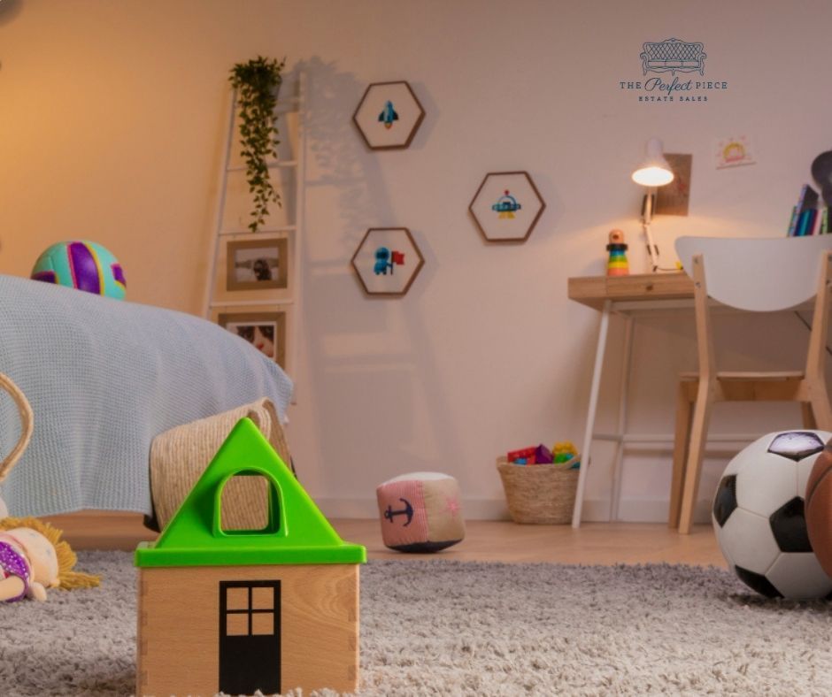 A child 's bedroom with a soccer ball and a green house