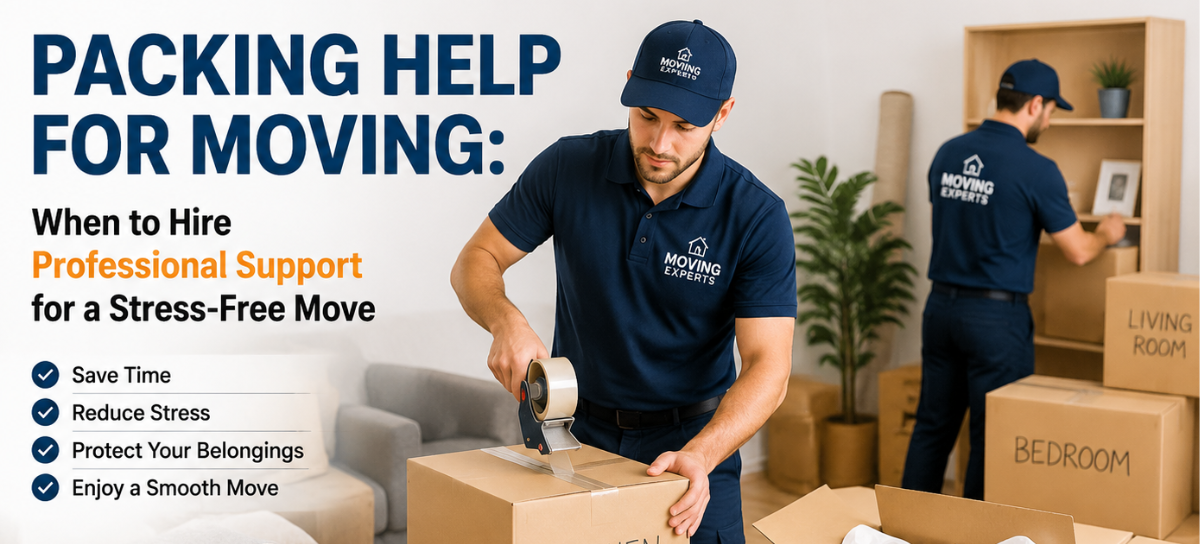 Professional movers carefully packing boxes and valuables in a home for a stress-free move.