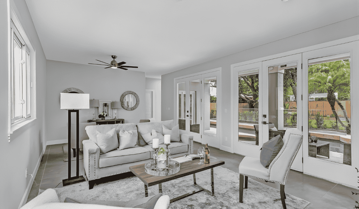 Home staging for selling a home showcasing a bright, well-styled living room