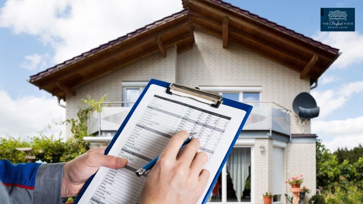 A person is holding a clipboard in front of a house.