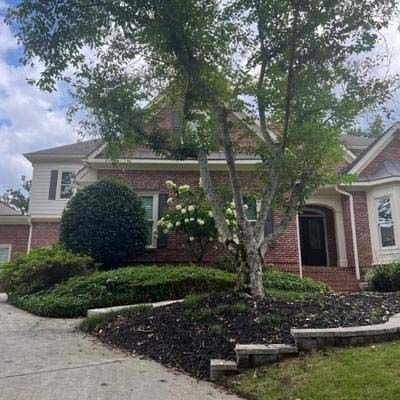 Brick house with tree in front yard, surrounded by landscaping and a driveway.