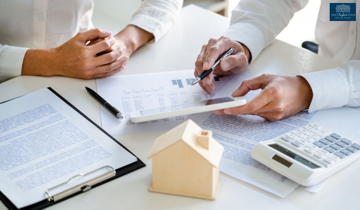 Two people are sitting at a table looking at papers and a calculator.