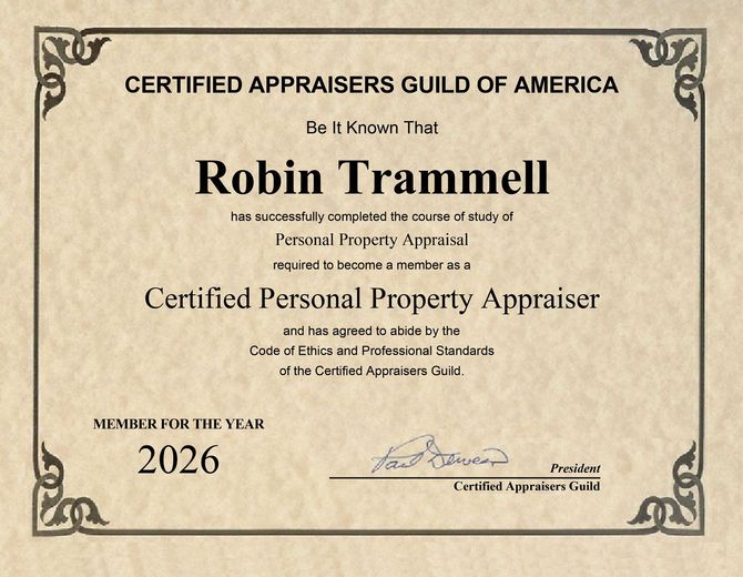 Certificate for Robin Trammell, a Certified Personal Property Appraiser, 2026.