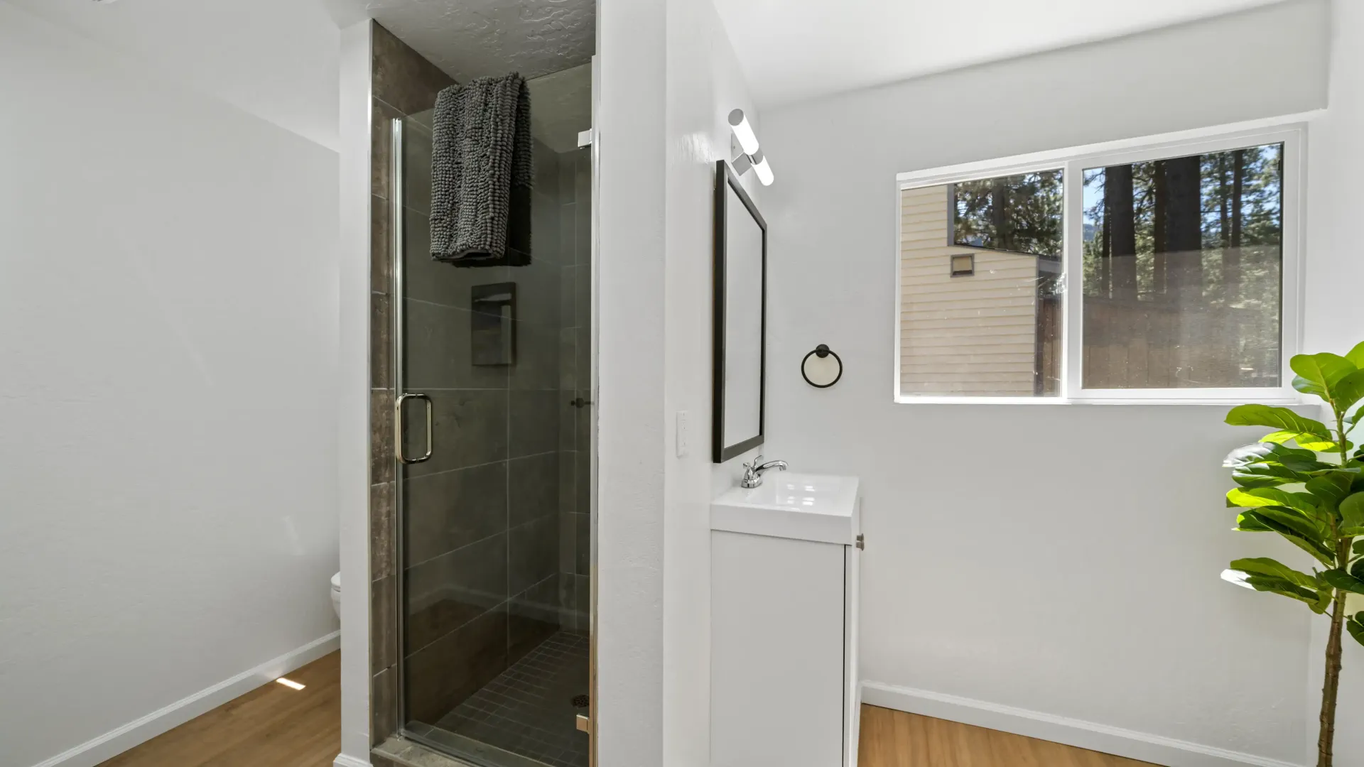 Bathroom with shower, sink, and window; white walls, wood floor, and a green plant.