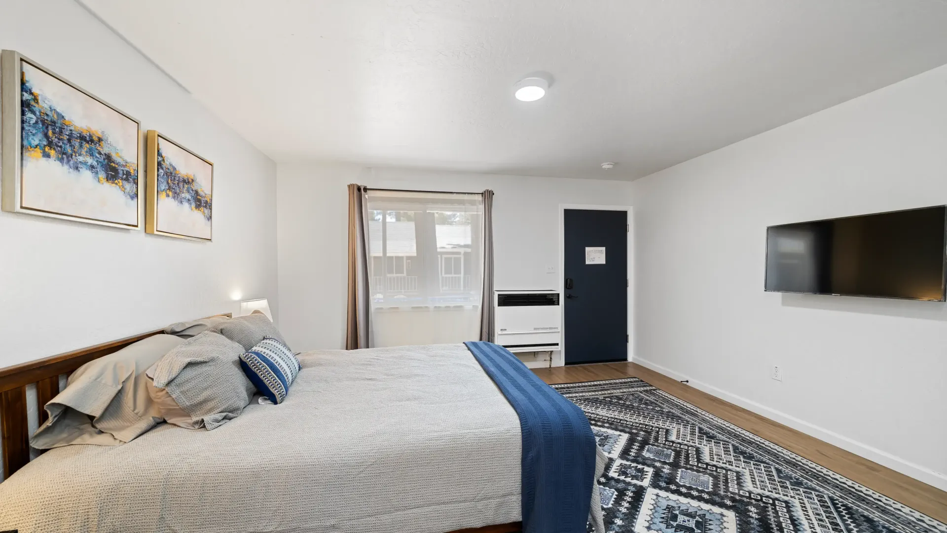 Bedroom with bed, art, rug, TV, window, and dark blue door.