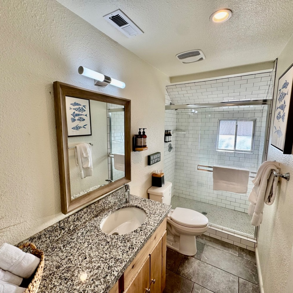 Bathroom with a granite countertop, shower, and wood-framed mirror.
