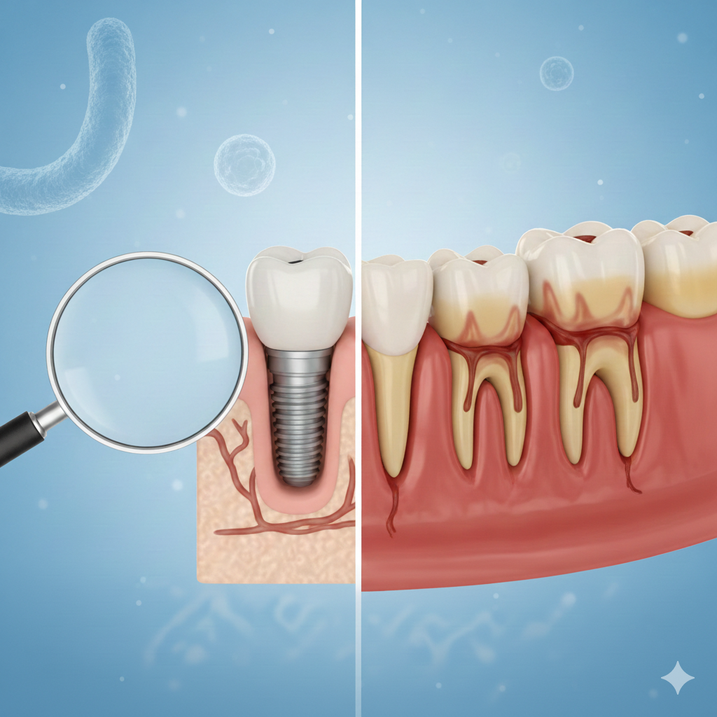Dental implant cross-section under magnification and unhealthy teeth illustration.