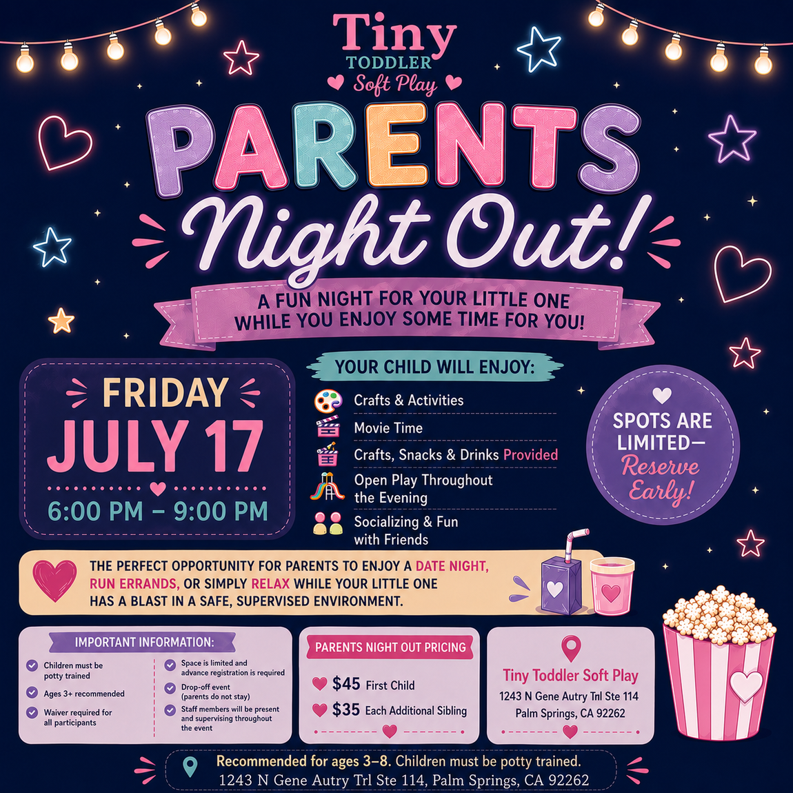 Purple flyer for Tiny Tots and Soft Play Parents Night Out, Friday July 17, 6–9 PM, with activities and snacks.