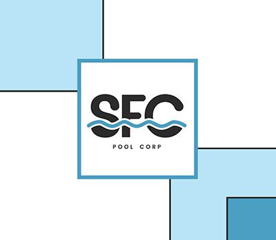 A logo for a pool company with a blue and white background.