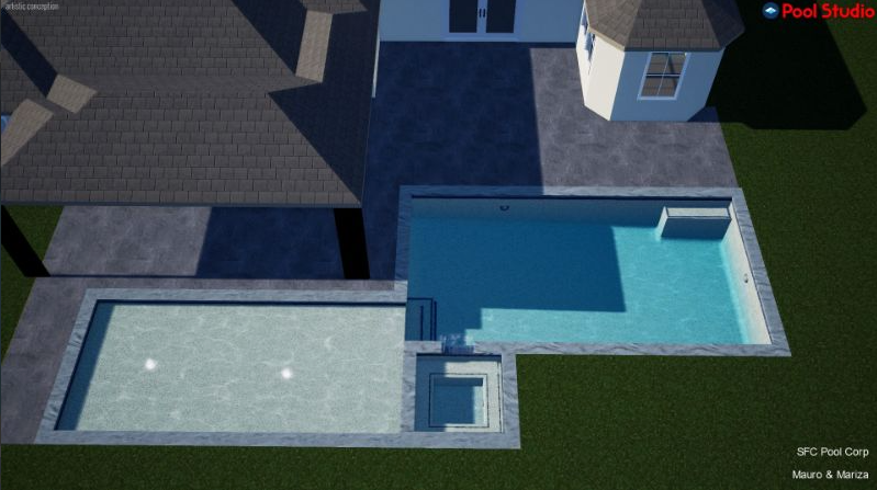 An aerial view of a house with a large swimming pool