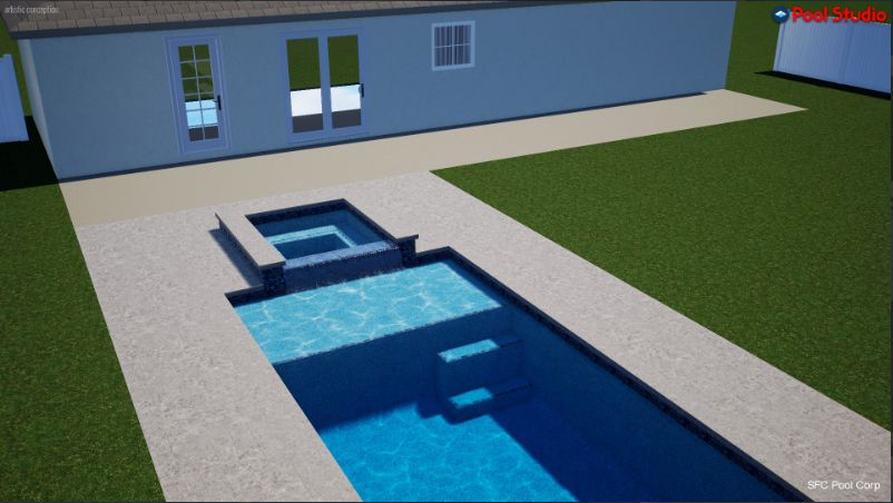 A computer generated image of a house with a swimming pool in front of it