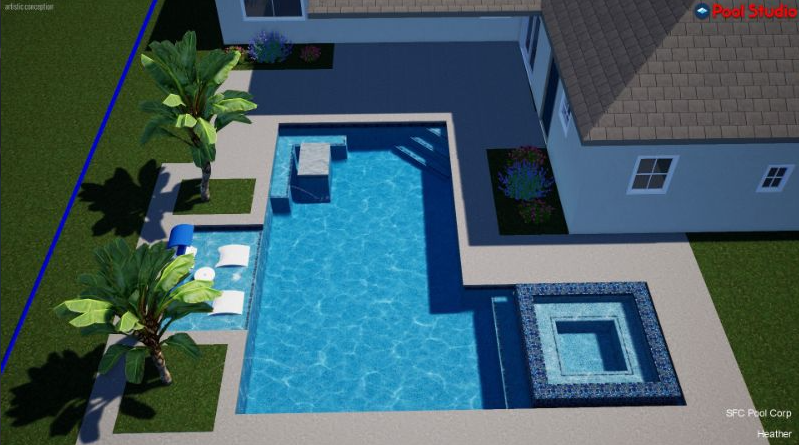 An aerial view of a swimming pool in front of a house