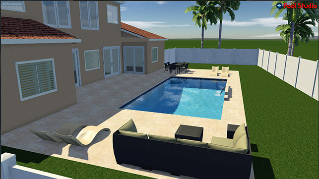 A computer generated image of a backyard with a large swimming pool