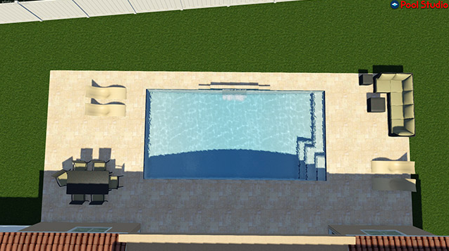 An aerial view of a swimming pool with a table and chairs.