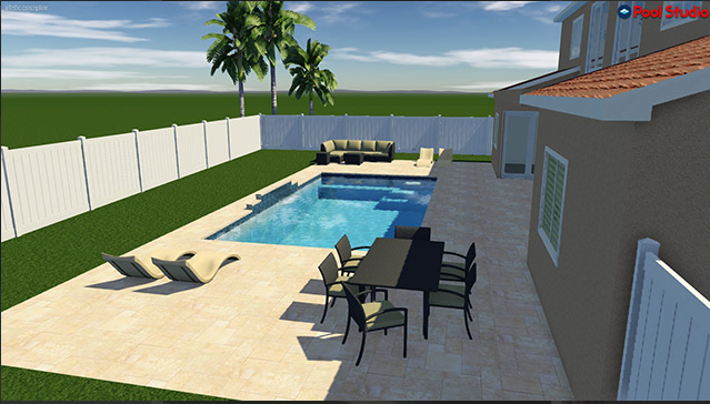A computer generated image of a house with a large swimming pool