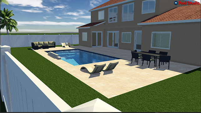 A computer generated image of a house with a large swimming pool