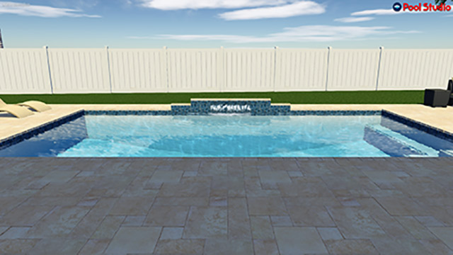A computer generated image of a large swimming pool in a backyard.