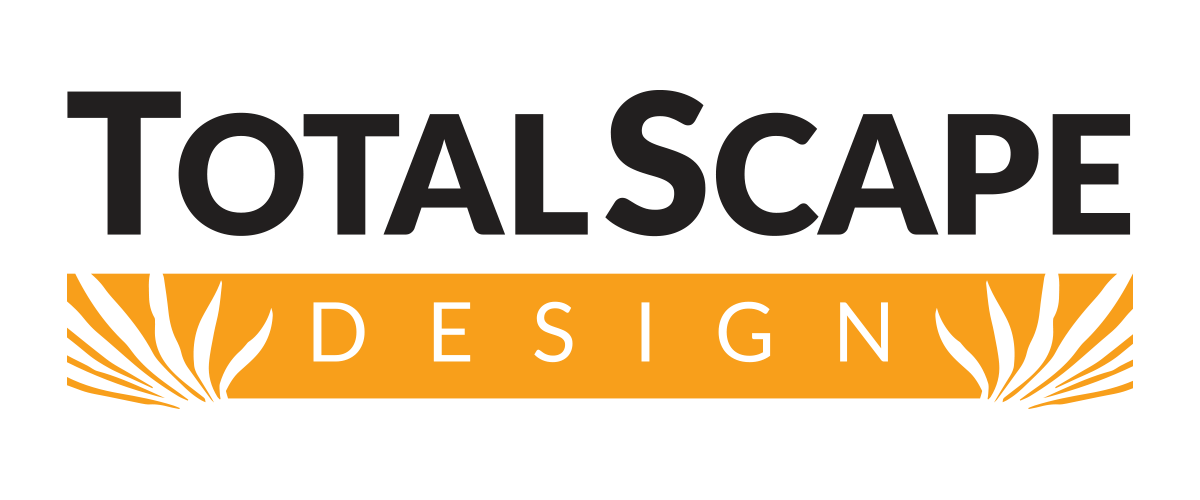 The logo for total scape design is orange and black.