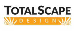 The logo for total scape design is orange and black.