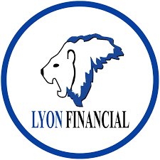 The logo for lyon financial shows a lion 's head in a blue circle.