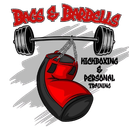 Logo with barbell, red punching bag, and text "Bags & Barbells: Kickboxing & Personal Training".