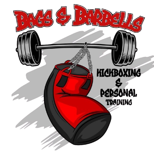 Logo with barbell, red punching bag, and text "Bags & Barbells: Kickboxing & Personal Training".