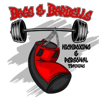 Logo with barbell, red punching bag, and text "Bags & Barbells: Kickboxing & Personal Training".