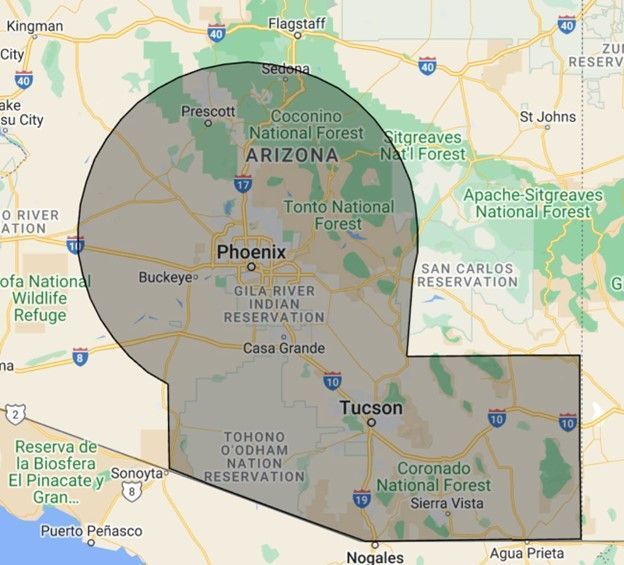 Map of Arizona with a shaded area highlighting Phoenix and Tucson.