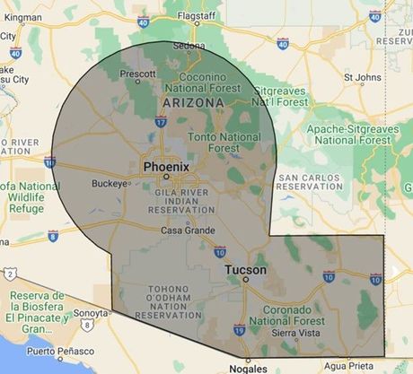 Map of Arizona with a shaded area highlighting Phoenix and Tucson. Map of Arizona with a shaded area highlighting Phoenix and Tucson.