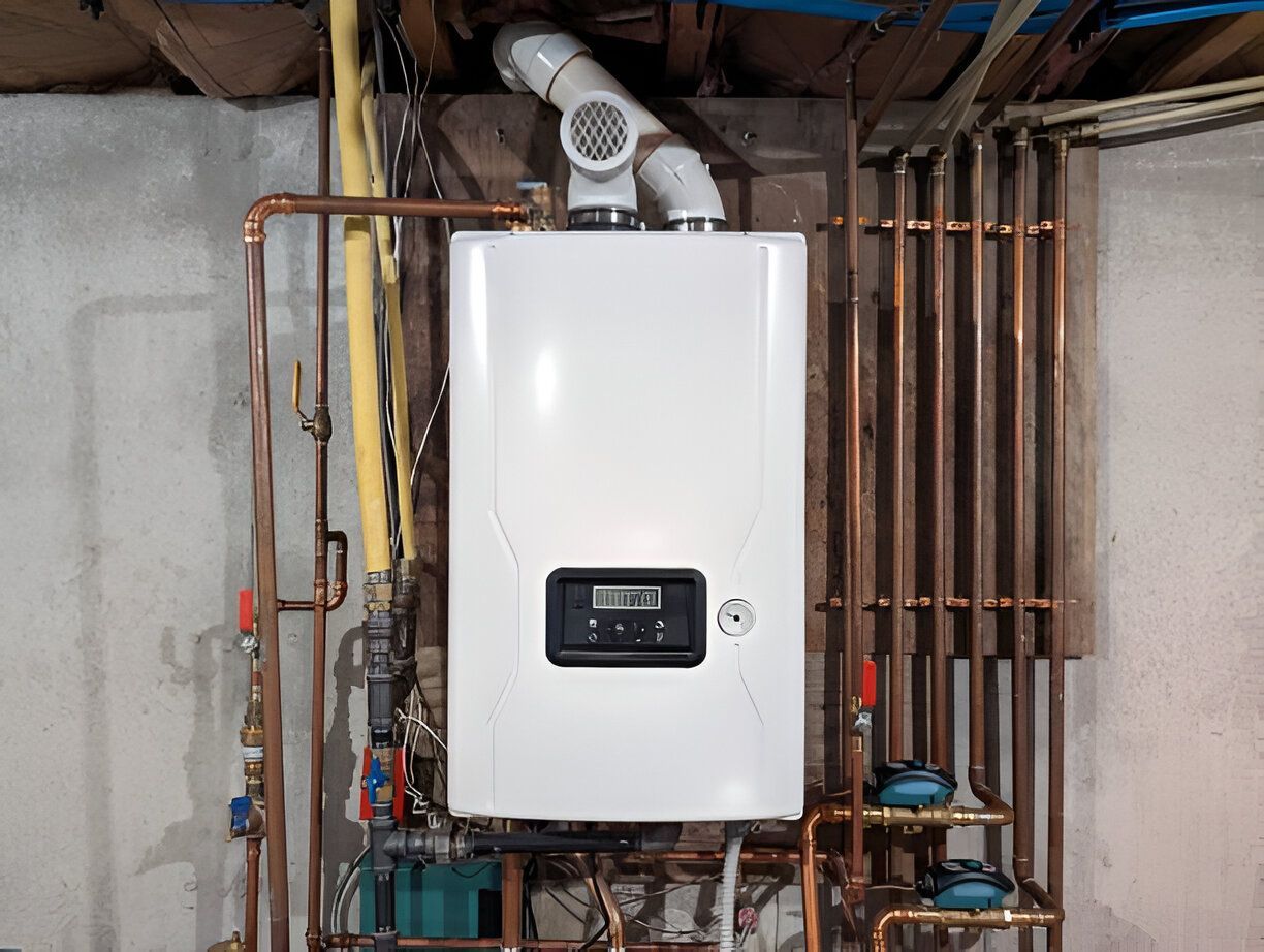 A white boiler is sitting in a basement next to copper pipes.