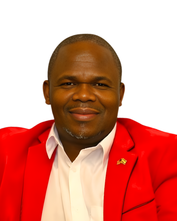 Man in a red blazer and white shirt, smiling.