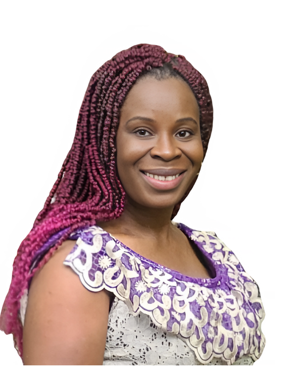 A woman with braids is smiling and wearing a purple top