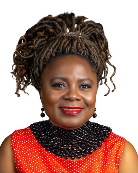 A woman with dreadlocks is wearing a red dress and a black necklace.