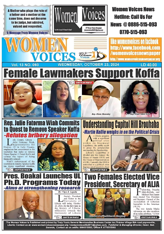 The front page of a newspaper titled women voices.