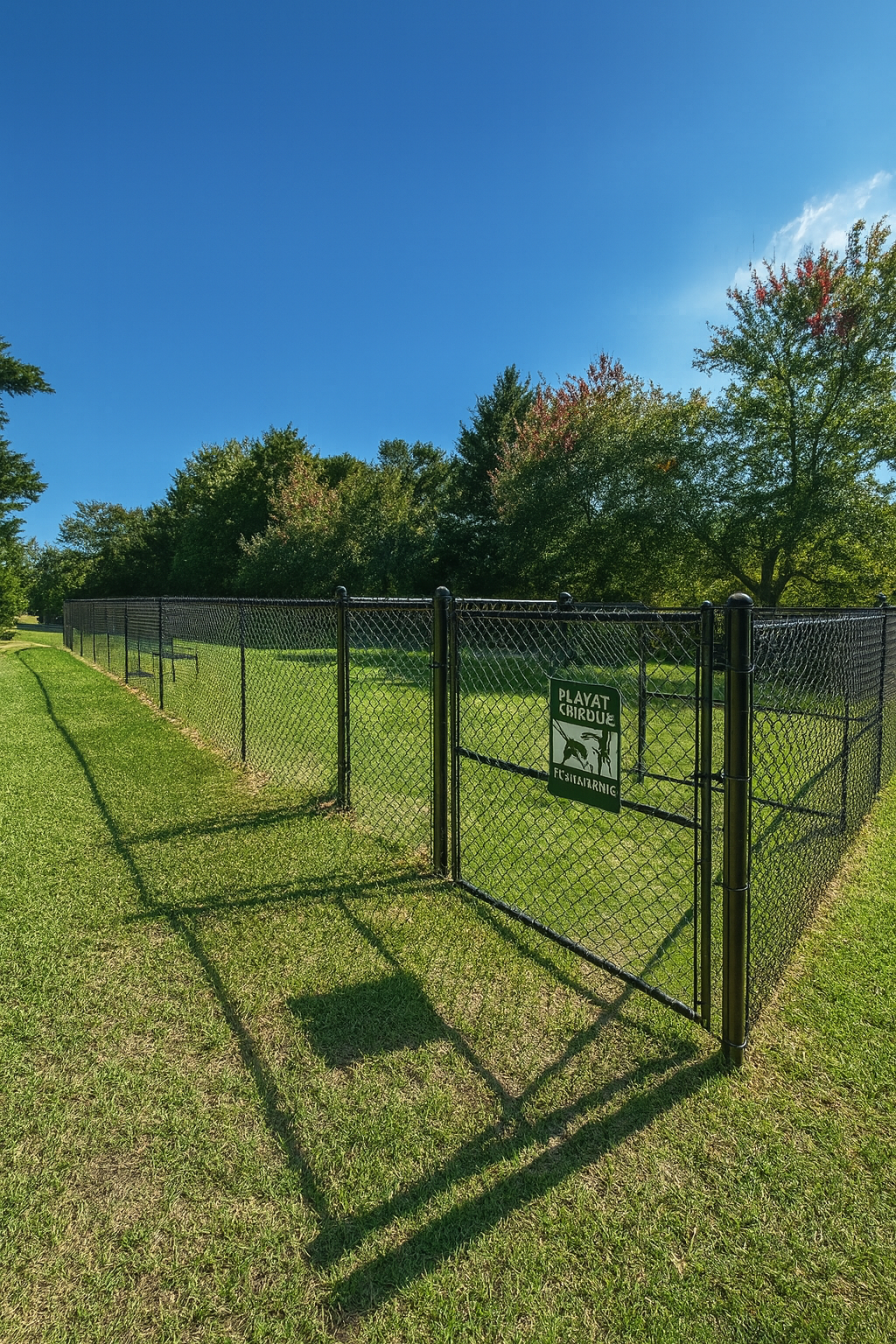 Dog park fenced area with open gate, green grass, blue sky.