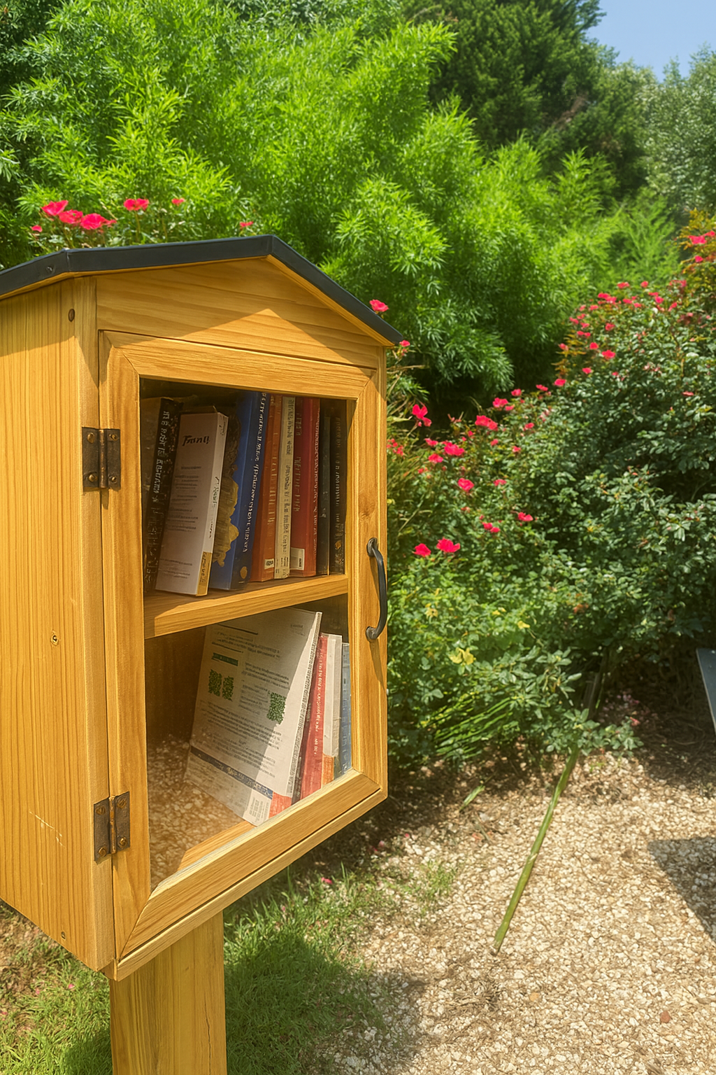 Wooden Little Free Library filled with books, in a garden.