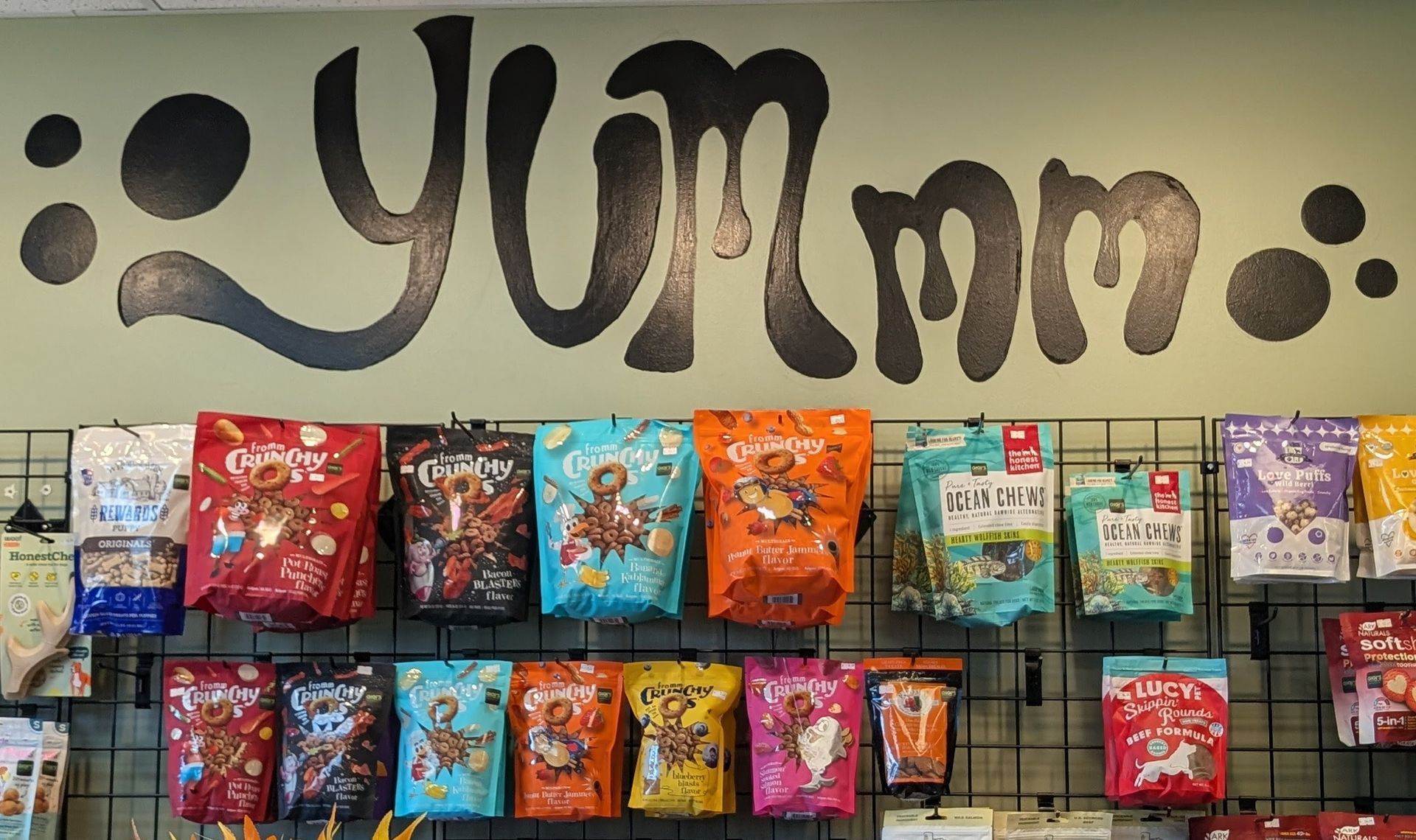 Wall display of pet treats with