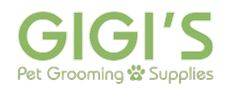 GIGI'S Pet Grooming Supplies logo with green text and paw print.