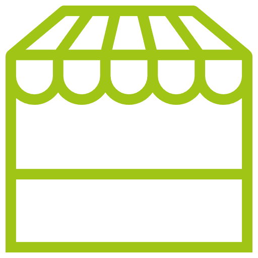 Grüner Umriss eines Marktstandes mit gestreifter Markise.