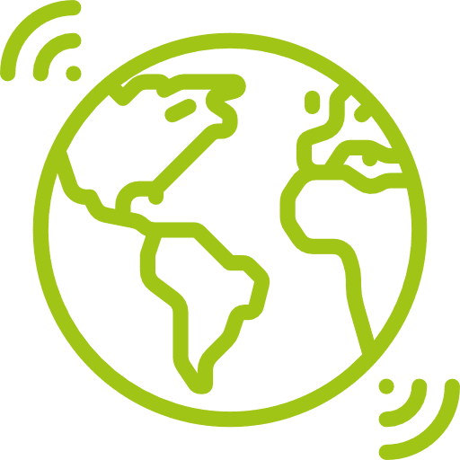 Grüne Strichzeichnung der Erde mit Wi-Fi-Signalbögen.