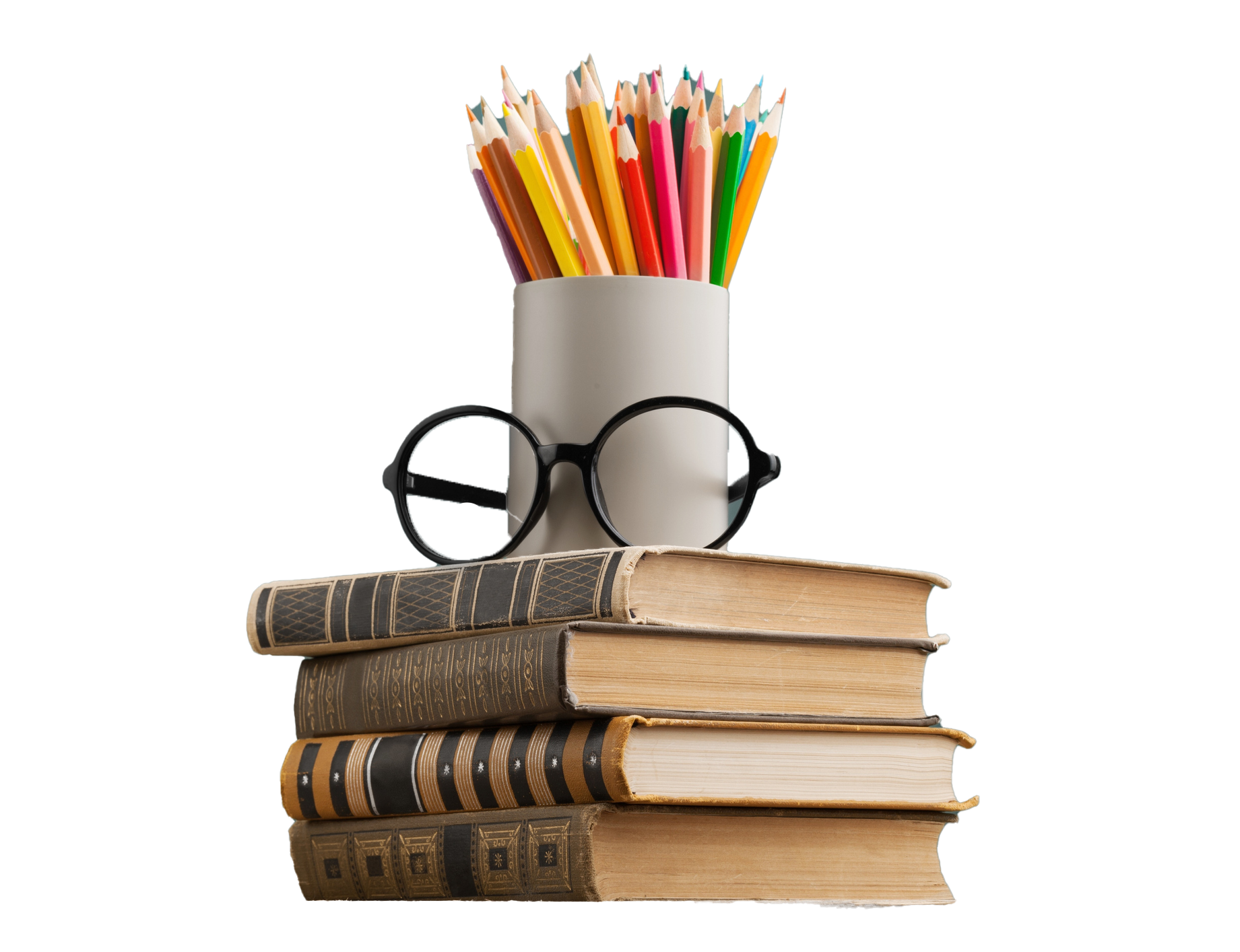 Stack of books with pencils, glasses.