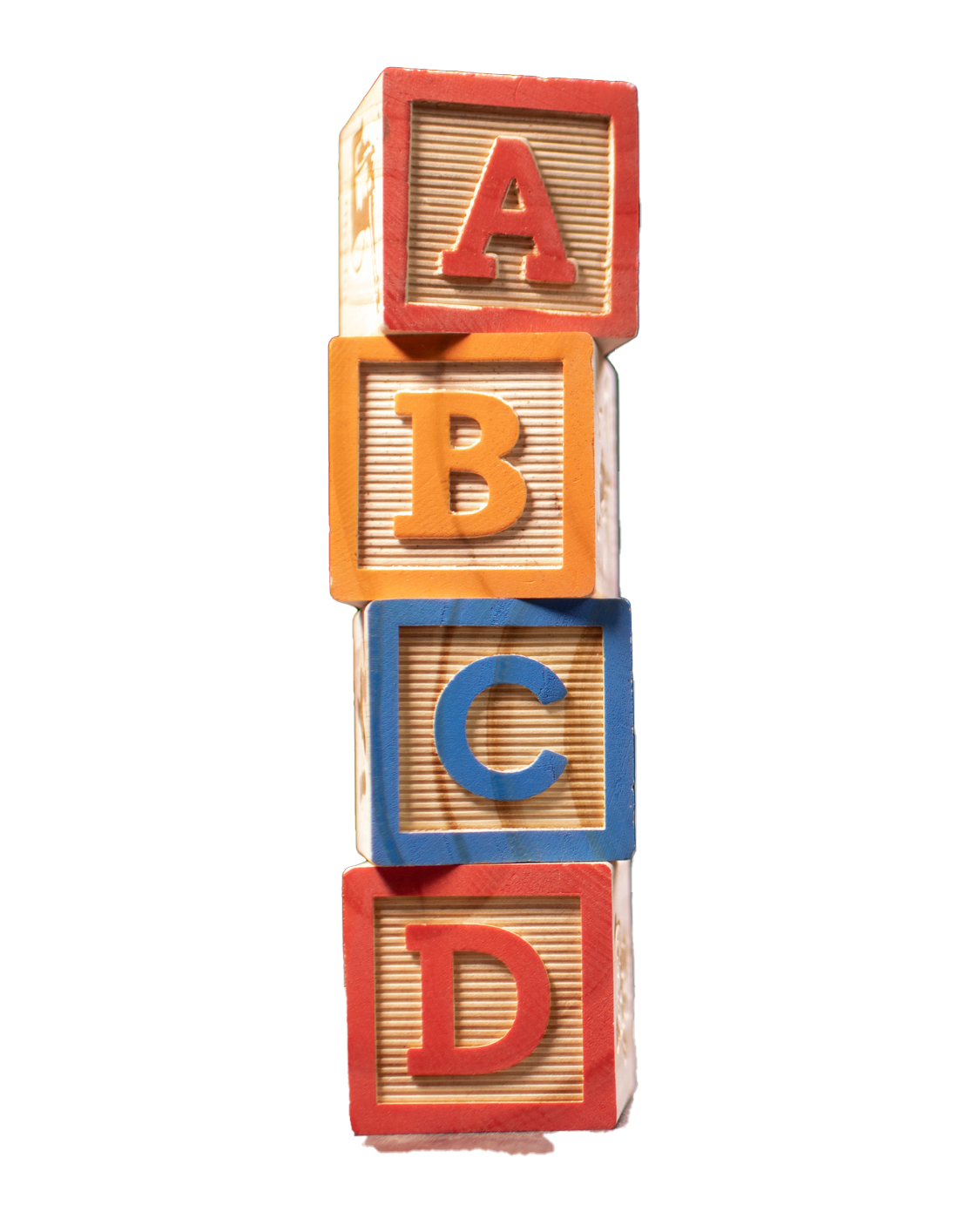 Four colorful alphabet blocks stacked: A, B, C, D.