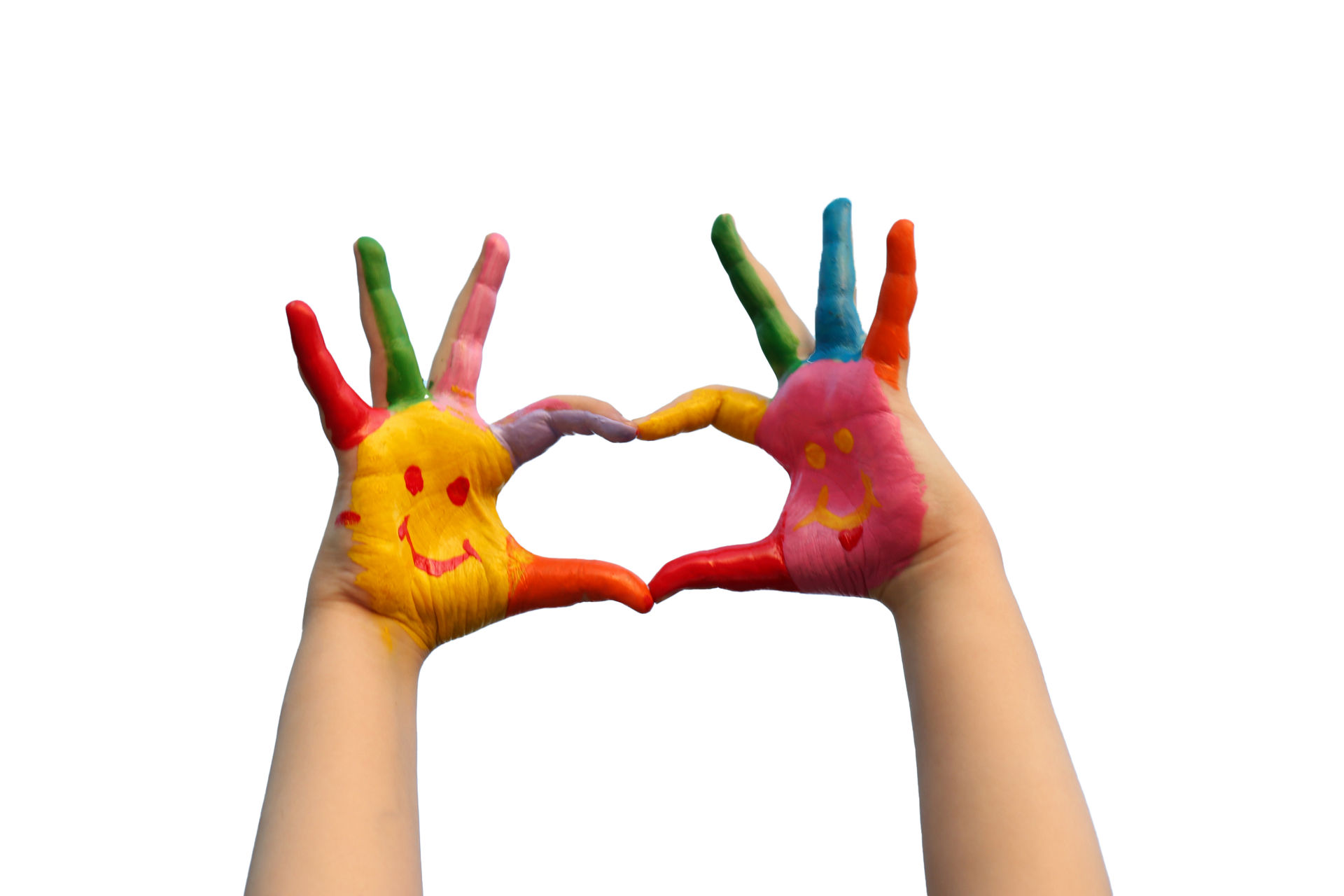 Hands forming a colorful heart shape with painted fingers and smiling faces.