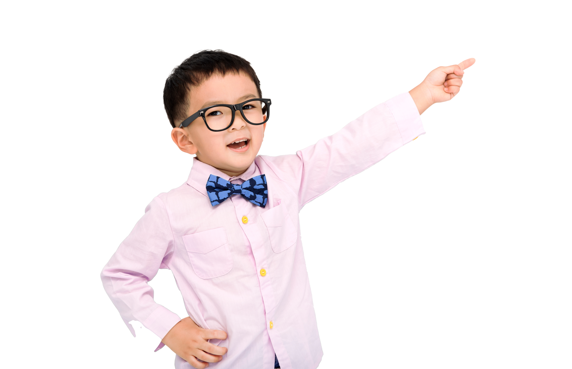 Boy with glasses and bow tie points upward, wearing a pink shirt.