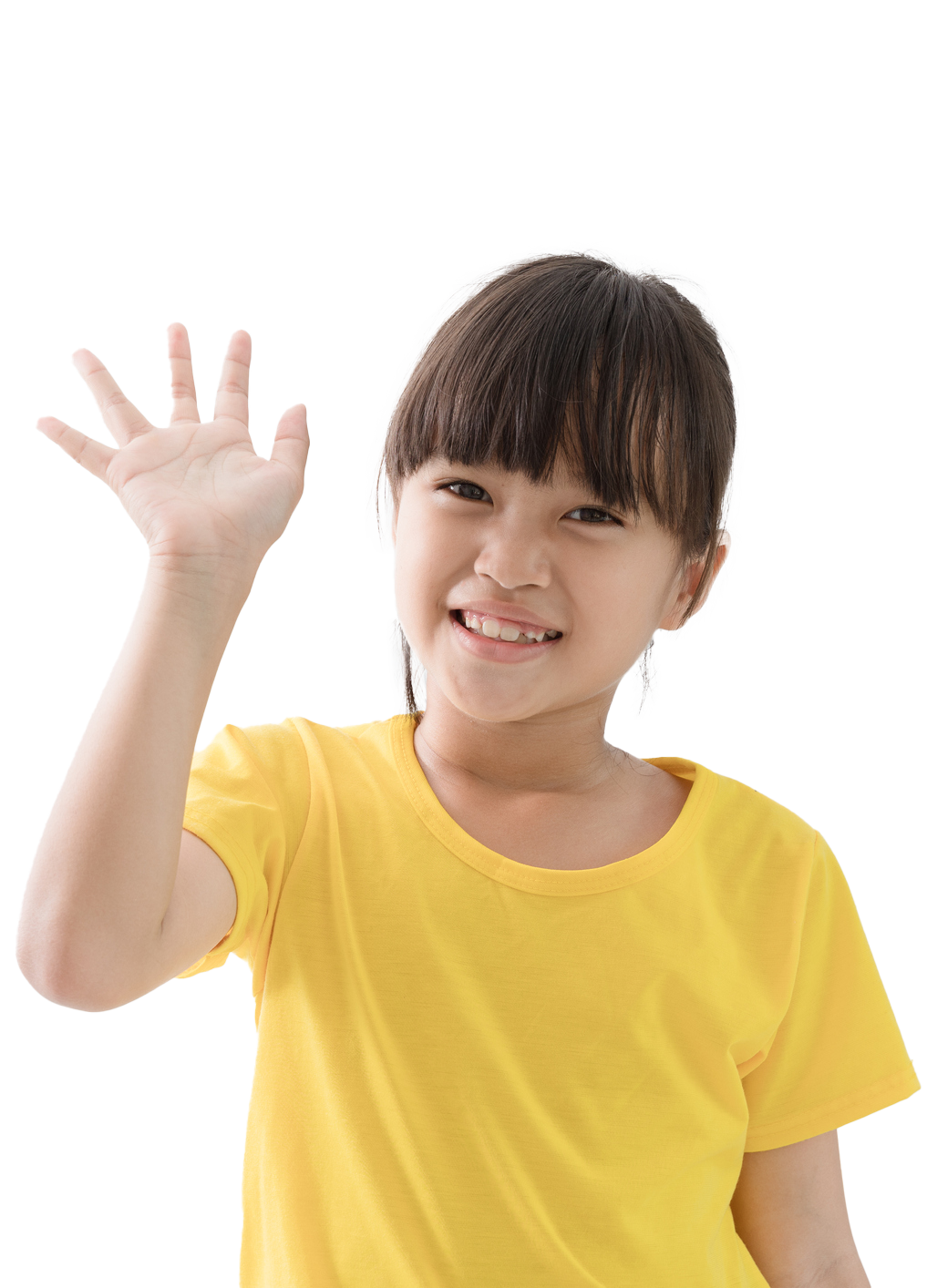 Girl in yellow shirt waving, smiling.